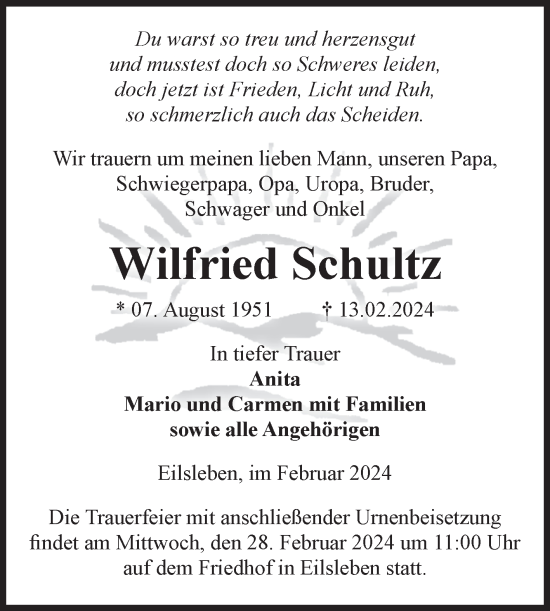 Traueranzeige von Wilfried Schultz von Volksstimme Oschersleben/Wanzleben