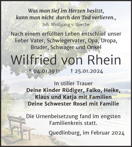 Traueranzeige von Wilfried von Rhein von Trauerkombi Quedlinburg