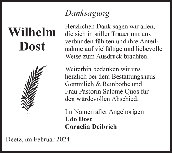 Traueranzeige von Wilhelm Dost von Volksstimme Zerbst