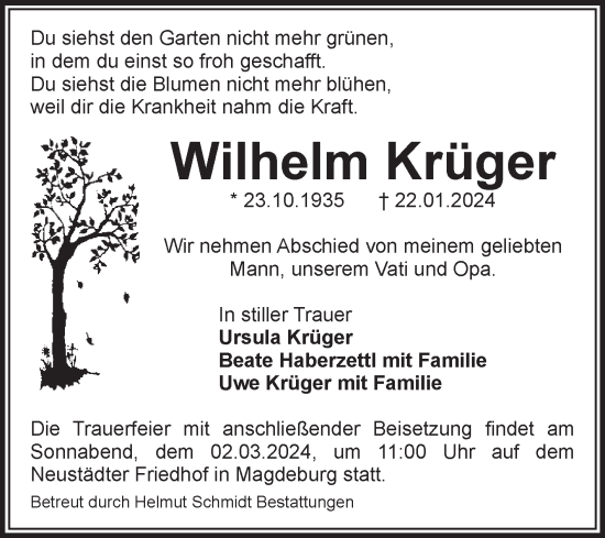 Traueranzeige von Wilhelm Krüger von Volksstimme Magdeburg