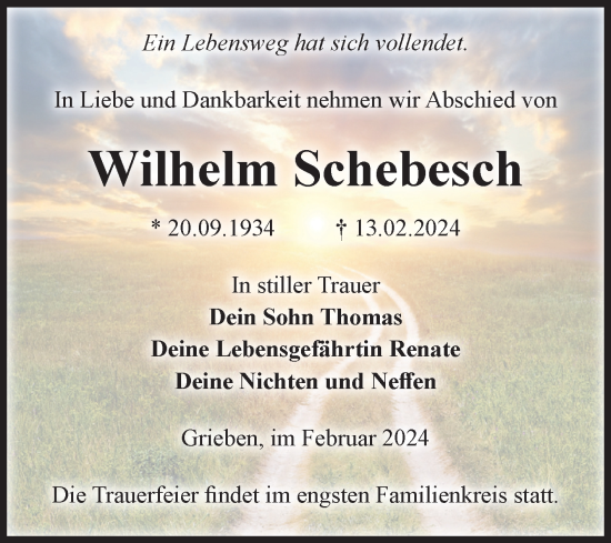 Traueranzeige von Wilhelm Schebesch von Volksstimme Altmark Ost