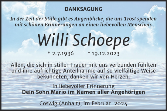 Traueranzeige von Willi Schoepe von Trauerkombi Wittenberg