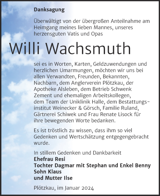 Traueranzeige von Willi Wachsmuth von Trauerkombi Bernburg