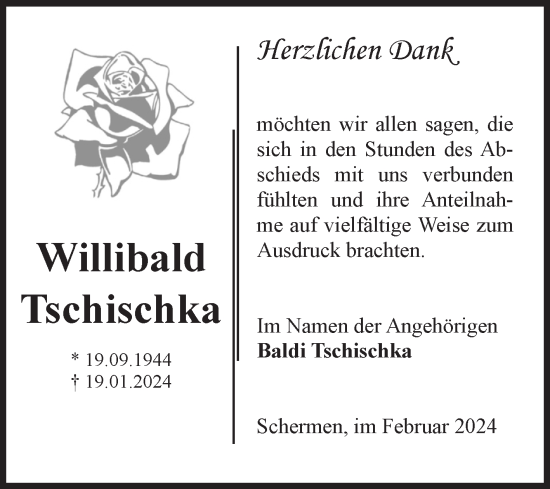 Traueranzeige von Willibald Tschischka von Volksstimme Burg/Genthin