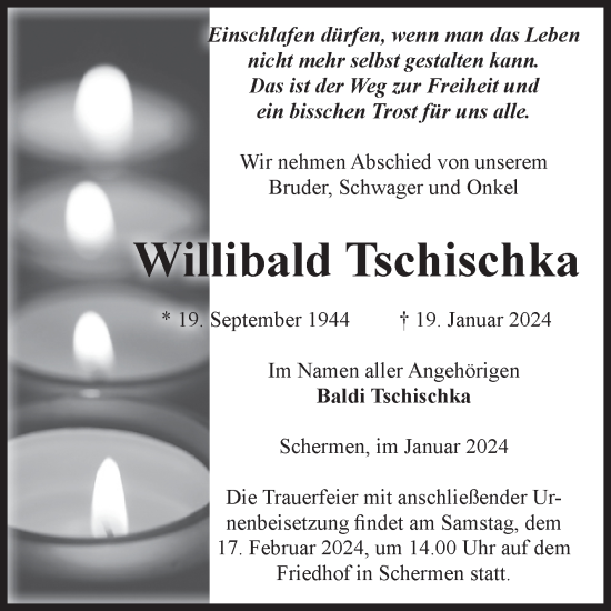 Traueranzeige von Willibald Tschischka von Volksstimme Burg/Genthin