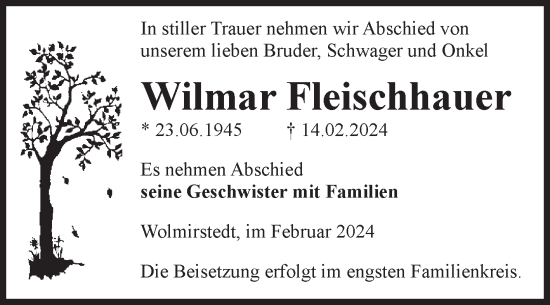 Traueranzeige von Wilmar Fleischhauer von Volksstimme Haldensleben/Wolmirstedt