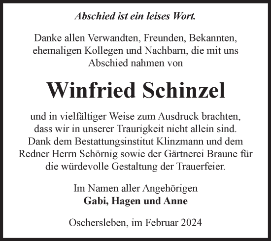 Traueranzeige von Winfried Schinzel von Volksstimme Oschersleben/Wanzleben