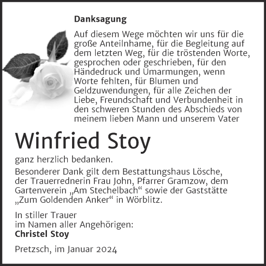 Traueranzeige von Winfried Stoy von Trauerkombi Wittenberg