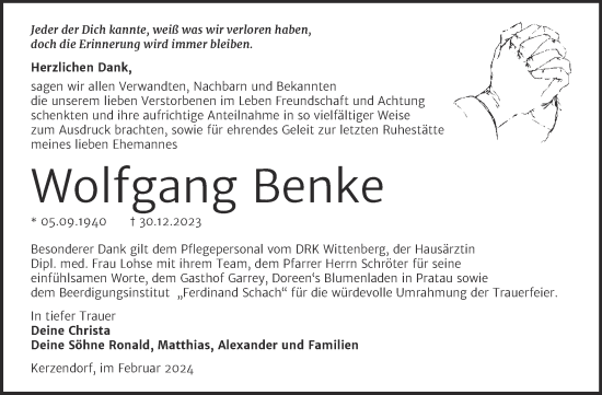 Traueranzeige von Wolfgang Benke von Trauerkombi Wittenberg