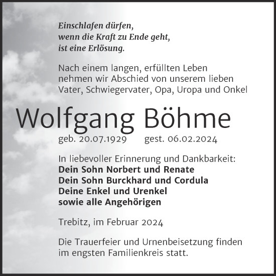 Traueranzeige von Wolfgang Böhme von Trauerkombi Wittenberg