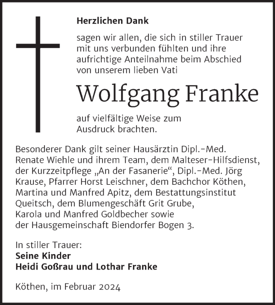 Traueranzeige von Wolfgang Franke von Trauerkombi Köthen