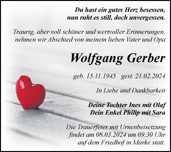 Traueranzeige von Wolfgang Gerber von Trauerkombi Bitterfeld