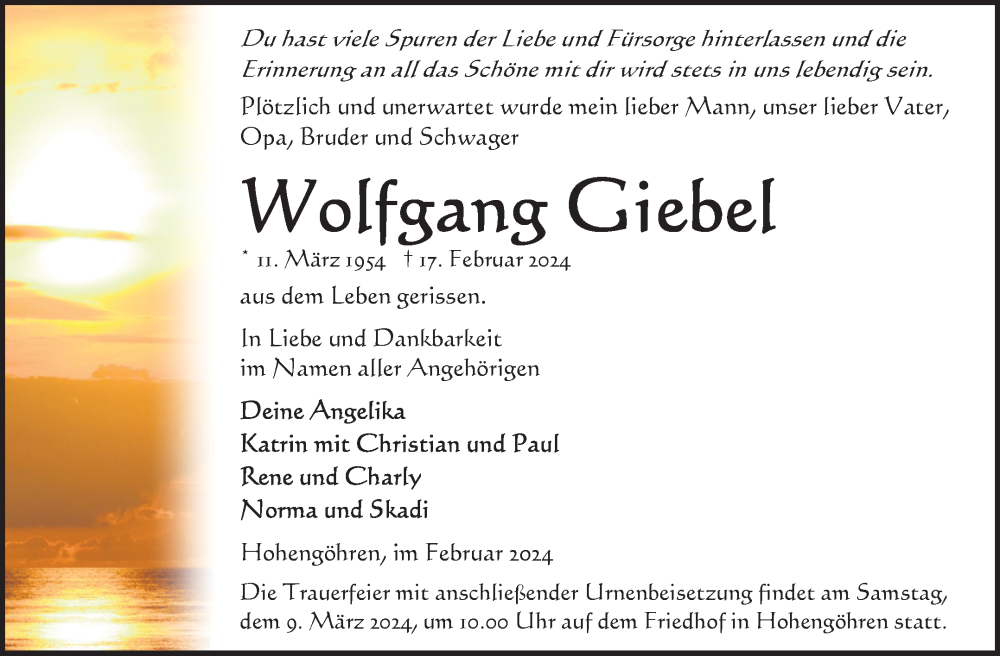  Traueranzeige für Wolfgang Giebel vom 24.02.2024 aus Volksstimme Altmark Ost