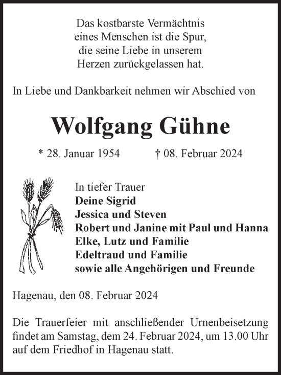Traueranzeige von Wolfgang Gühne von Volksstimme Altmark West
