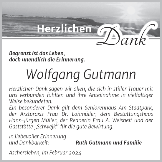 Traueranzeige von Wolfgang Gutmann von Trauerkombi Aschersleben