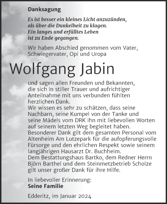 Traueranzeige von Wolfgang Jabin von Trauerkombi Köthen