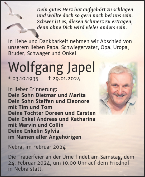 Traueranzeige von Wolfgang Japel von Naumburger Tageblatt