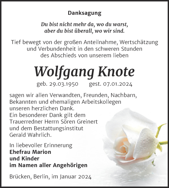 Traueranzeige von Wolfgang Knote von Trauerkombi Sangerhausen