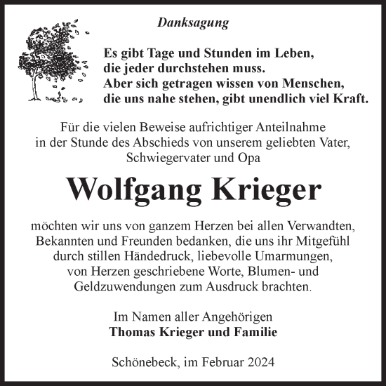 Traueranzeige von Wolfgang Krieger von Volksstimme Schönebeck