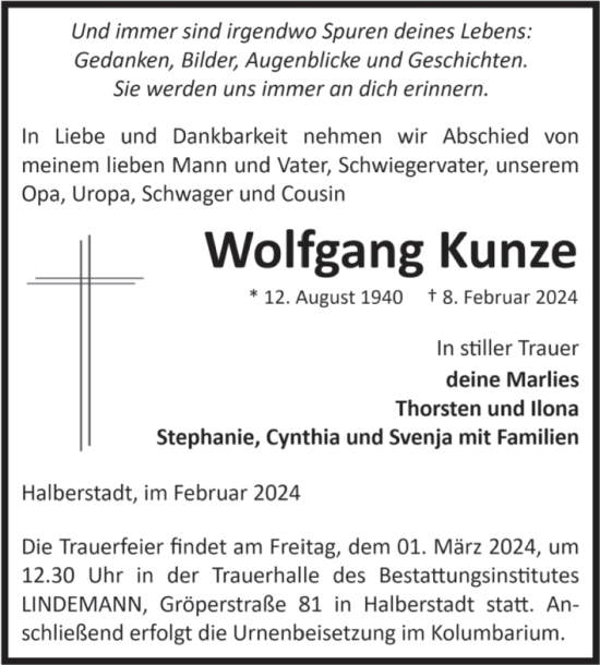 Traueranzeige von Wolfgang Kunze von Volksstimme Halberstadt