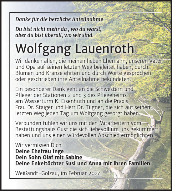 Traueranzeige von Wolfgang Lauenroth von Trauerkombi Köthen