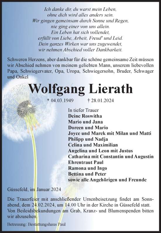 Traueranzeige von Wolfgang Lierath von Volksstimme Altmark West