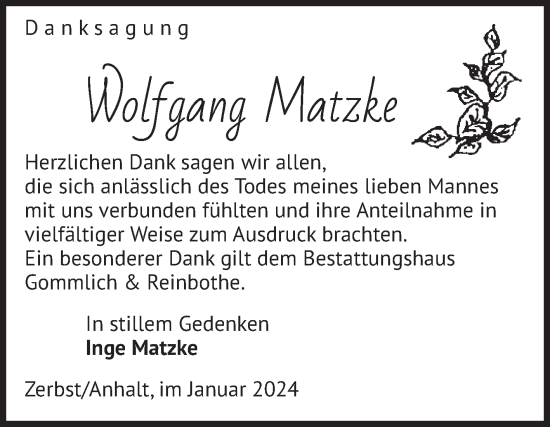 Traueranzeige von Wolfgang Matzke von Volksstimme Zerbst