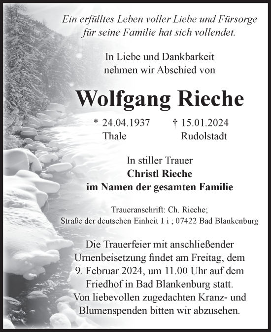 Traueranzeige von Wolfgang Rieche von Volksstimme Wernigerode