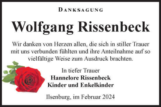 Traueranzeige von Wolfgang Rissenbeck von Volksstimme Wernigerode