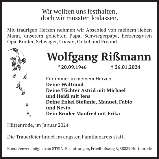 Traueranzeige von Wolfgang Rißmann von Volksstimme Wernigerode
