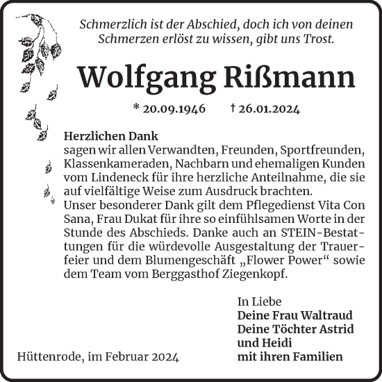 Traueranzeige von Wolfgang Rißmann von Volksstimme Wernigerode