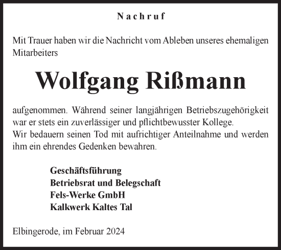 Traueranzeige von Wolfgang Rißmann von Volksstimme Wernigerode