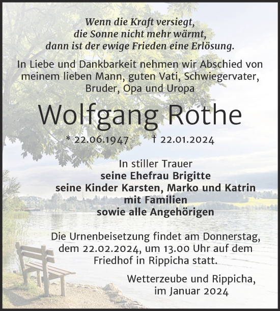 Traueranzeige von Wolfgang Rothe von Trauerkombi Zeitz