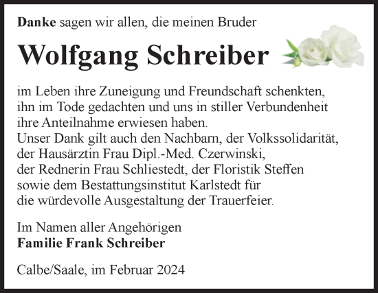 Traueranzeige von Wolfgang Schreiber von Volksstimme Schönebeck
