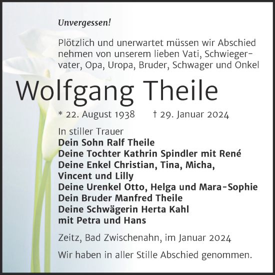 Traueranzeige von Wolfgang Theile von Trauerkombi Zeitz