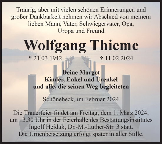 Traueranzeige von Wolfgang Thieme von Volksstimme Schönebeck