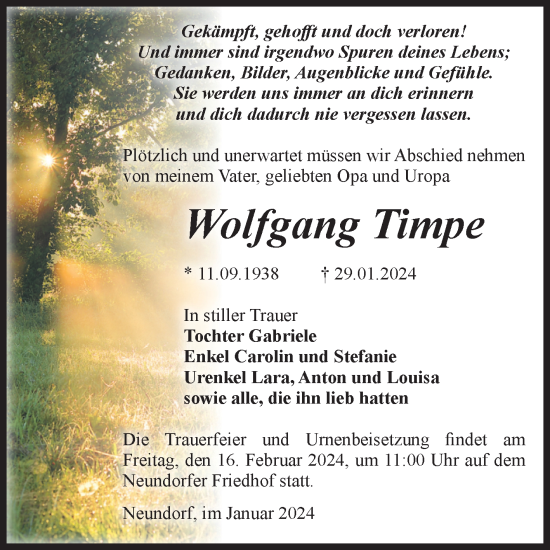 Traueranzeige von Wolfgang Timpe von Volksstimme Staßfurt