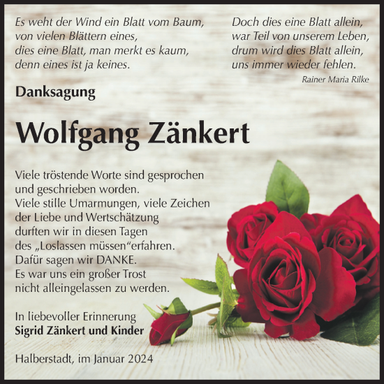 Traueranzeige von Wolfgang Zänkert von Volksstimme Halberstadt