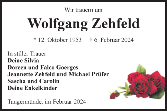 Traueranzeige von Wolfgang Zehfeld von Volksstimme Altmark Ost