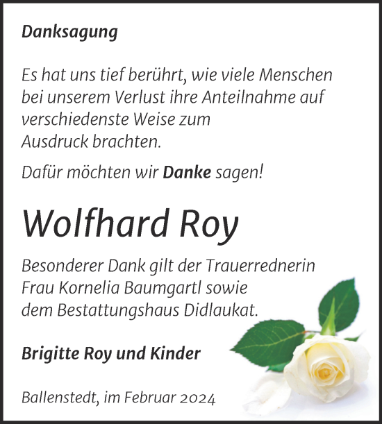 Traueranzeige von Wolfhard Roy von Trauerkombi Quedlinburg
