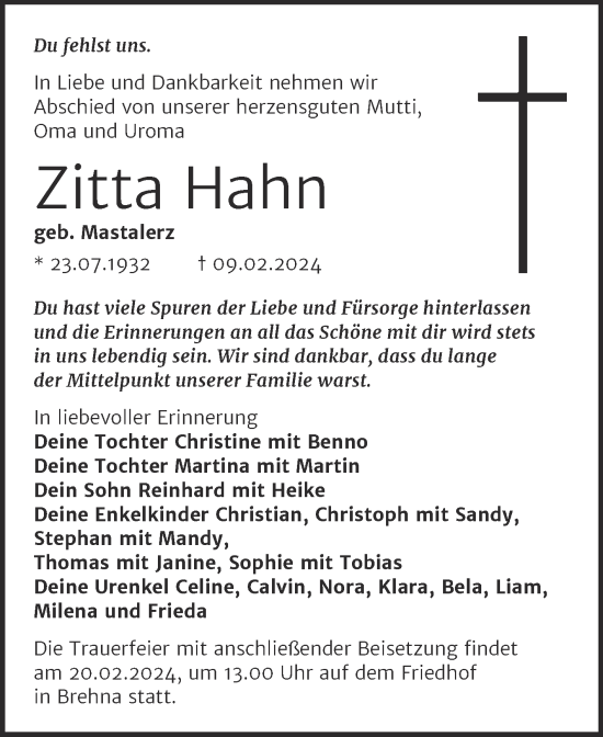 Traueranzeige von Zitta Hahn von Trauerkombi Bitterfeld