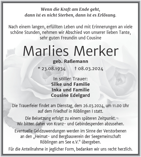 Traueranzeige von Marlies Merker von Trauerkombi Mansfelder Land