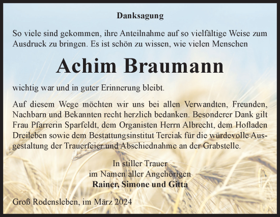 Traueranzeige von Achim Braumann von Volksstimme Oschersleben/Wanzleben
