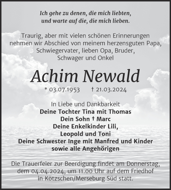 Traueranzeige von Achim Newald von Trauerkombi Merseburg