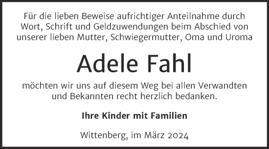 Traueranzeige von Adele Fahl von Trauerkombi Wittenberg