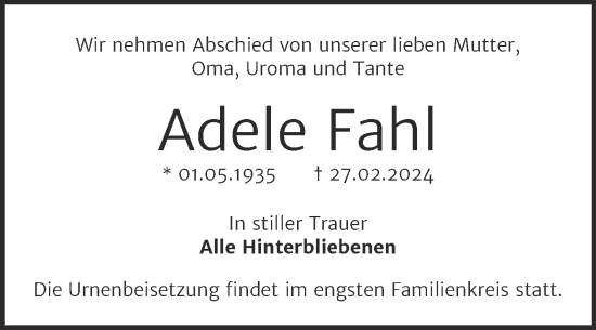 Traueranzeige von Adele Fahl von Trauerkombi Wittenberg