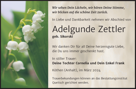 Traueranzeige von Adelgunde Zettler von Trauerkombi Köthen