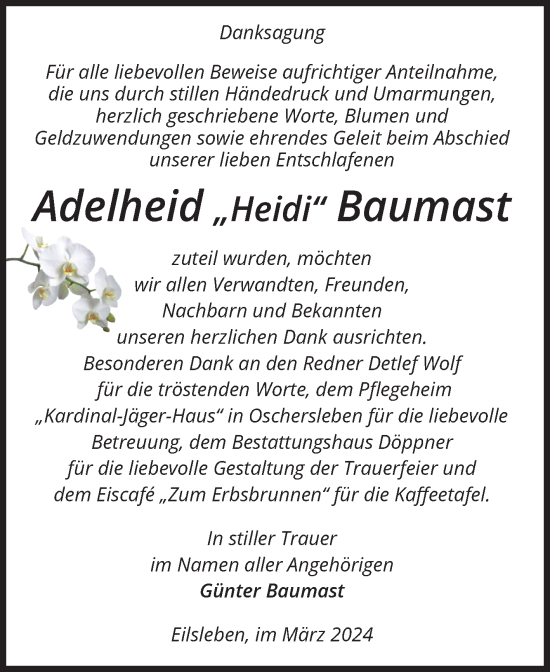 Traueranzeige von Adelheid Baumast von Volksstimme Oschersleben/Wanzleben