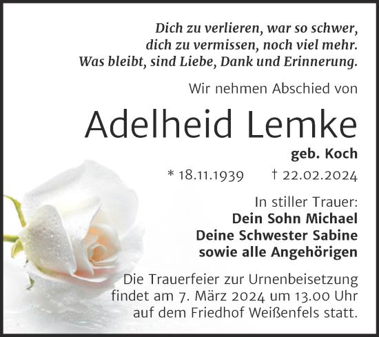 Traueranzeige von Adelheid Lemke von Trauerkombi Weißenfels