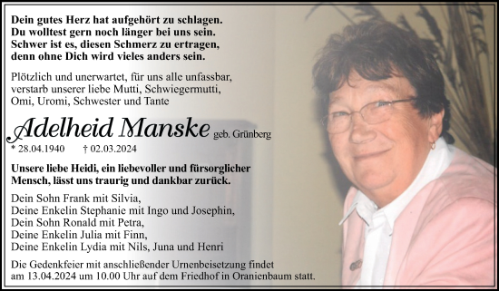 Traueranzeige von Adelheid Manske von Trauerkombi Wittenberg